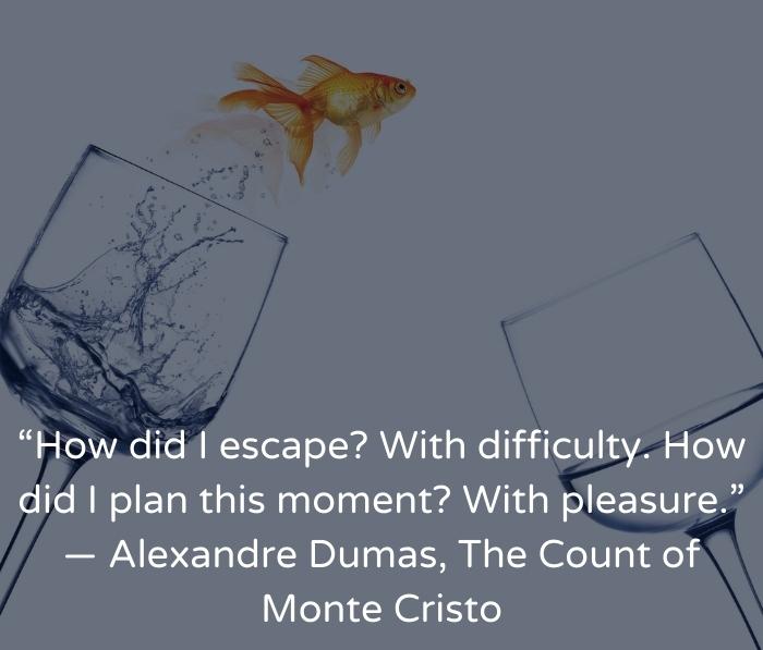 A goldfish jumping from one wine glass to another. Quote: "How did I escape? With difficulty. How did I plan this moment? With Pleasure."